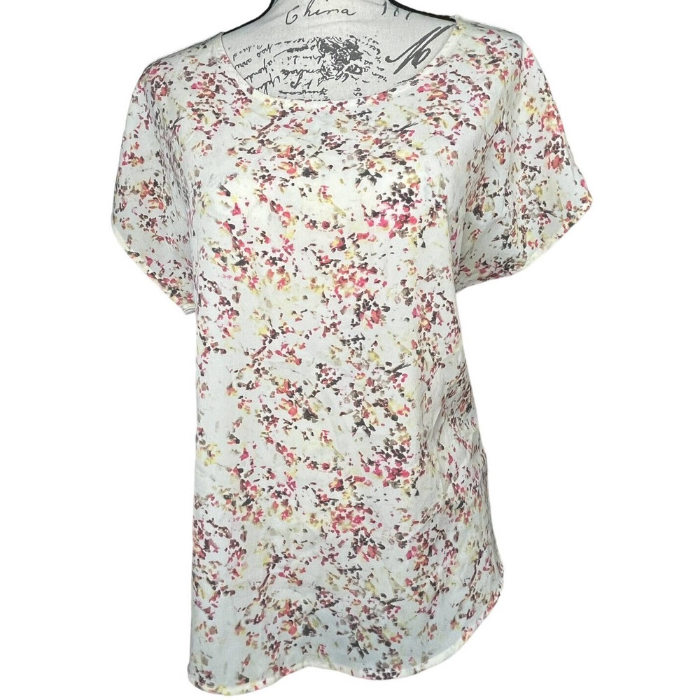Apt. 9 Beige Colorful Crew Neck Short Sleeve Tunic Style Blouse